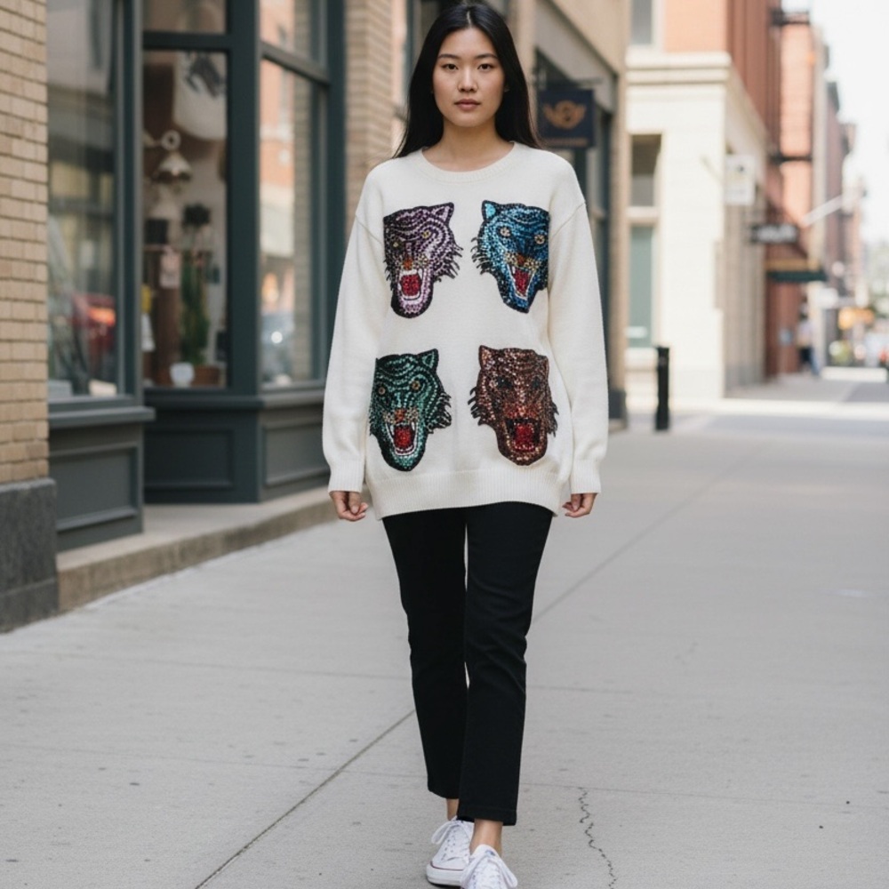 Women's White Sweater with Tiger Print